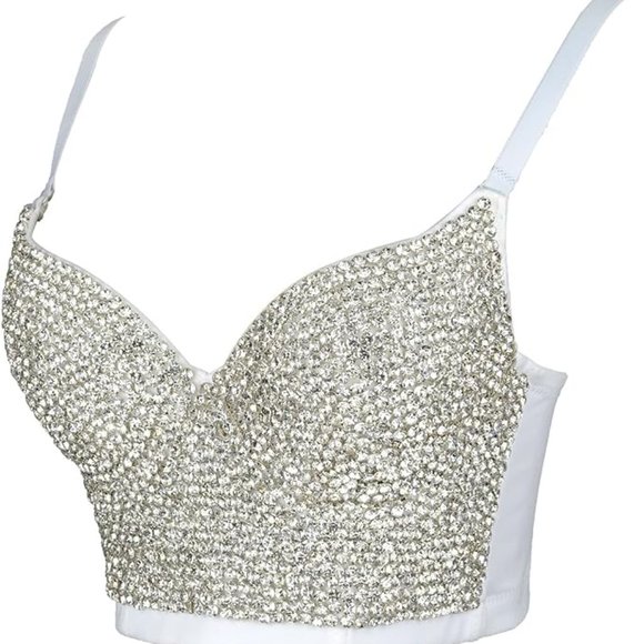 Women's Rhinestone Diamond Push Up Bustier Crop Top Sexy Punk Corset Bra White - Picture 3 of 6